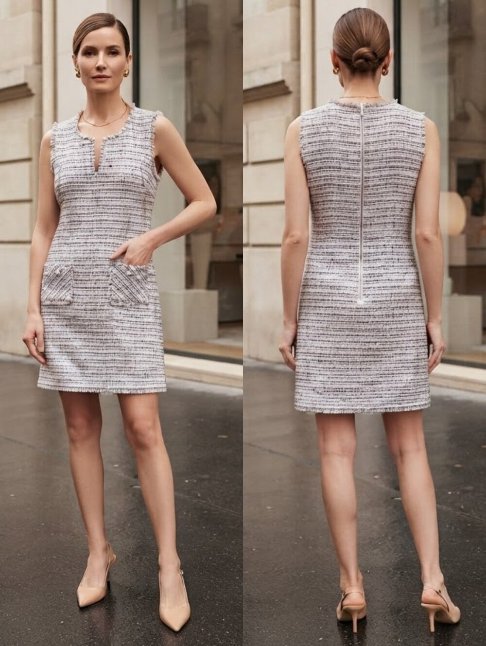 NWOT Karl Lagerfeld Paris 12 Tweed Boucle Fringe Trim Sheath Dress Parisian